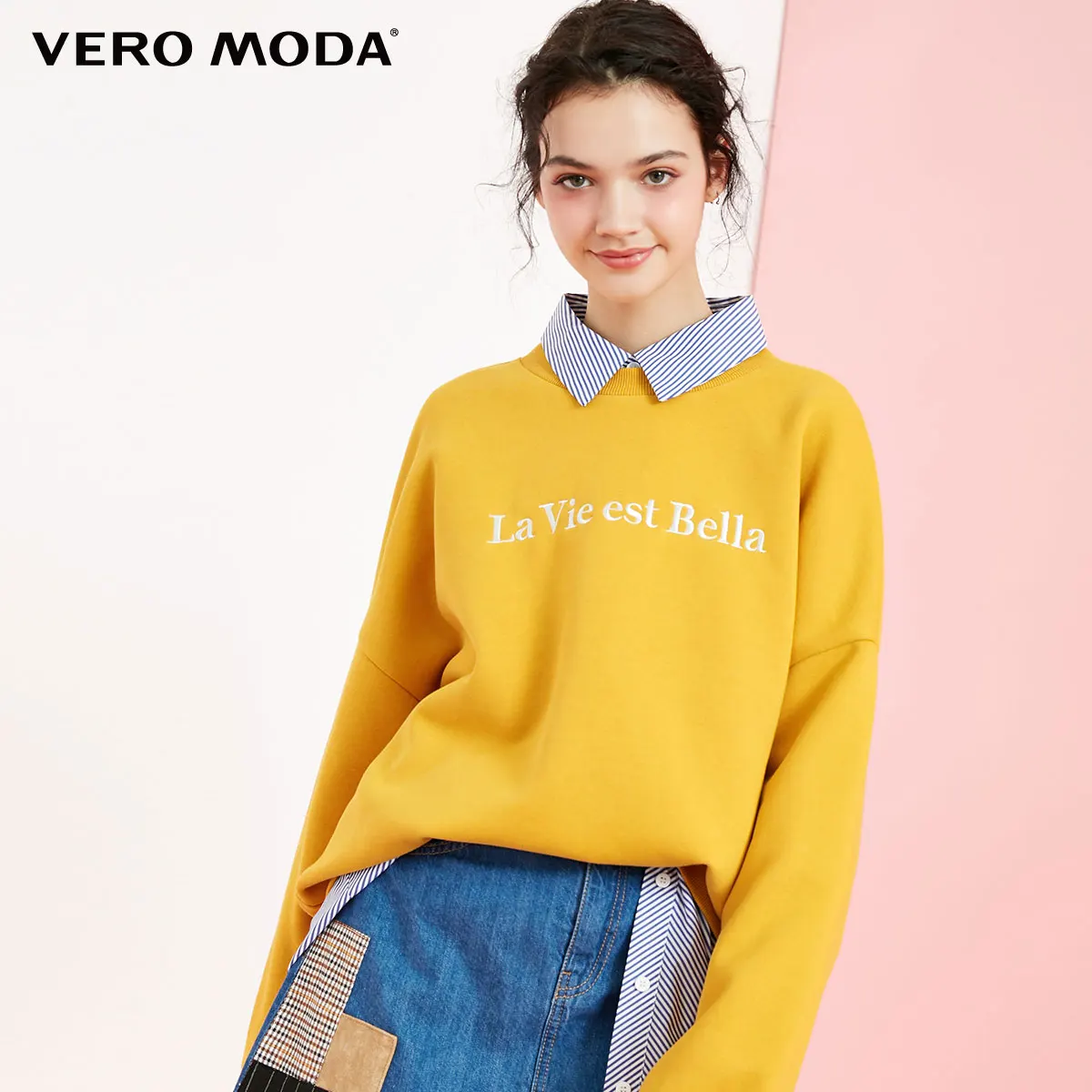 Mustard Vero Moda свитшот Женская Ins стиль круглый вырез с заниженным плечом Досуг свободная толстовка с капюшоном | 318433511 - Цвет: Mustard