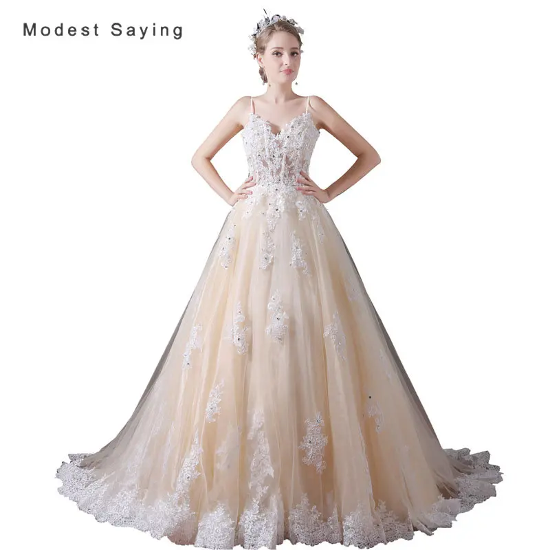 

Elegant Sheer Ivory and Champagne Ball Gown Lace Wedding Dresses 2017 with Straps Women Long Bridal Gowns vestido de noiva A032