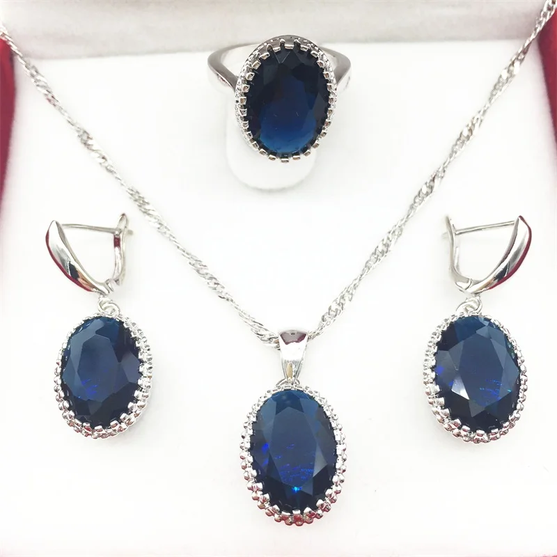 

Oval Montana Blue stone Jewelry Sets For Women 925 Silver Necklace Pendant Earrings Rings Size 6 7 8 9 Free shipping