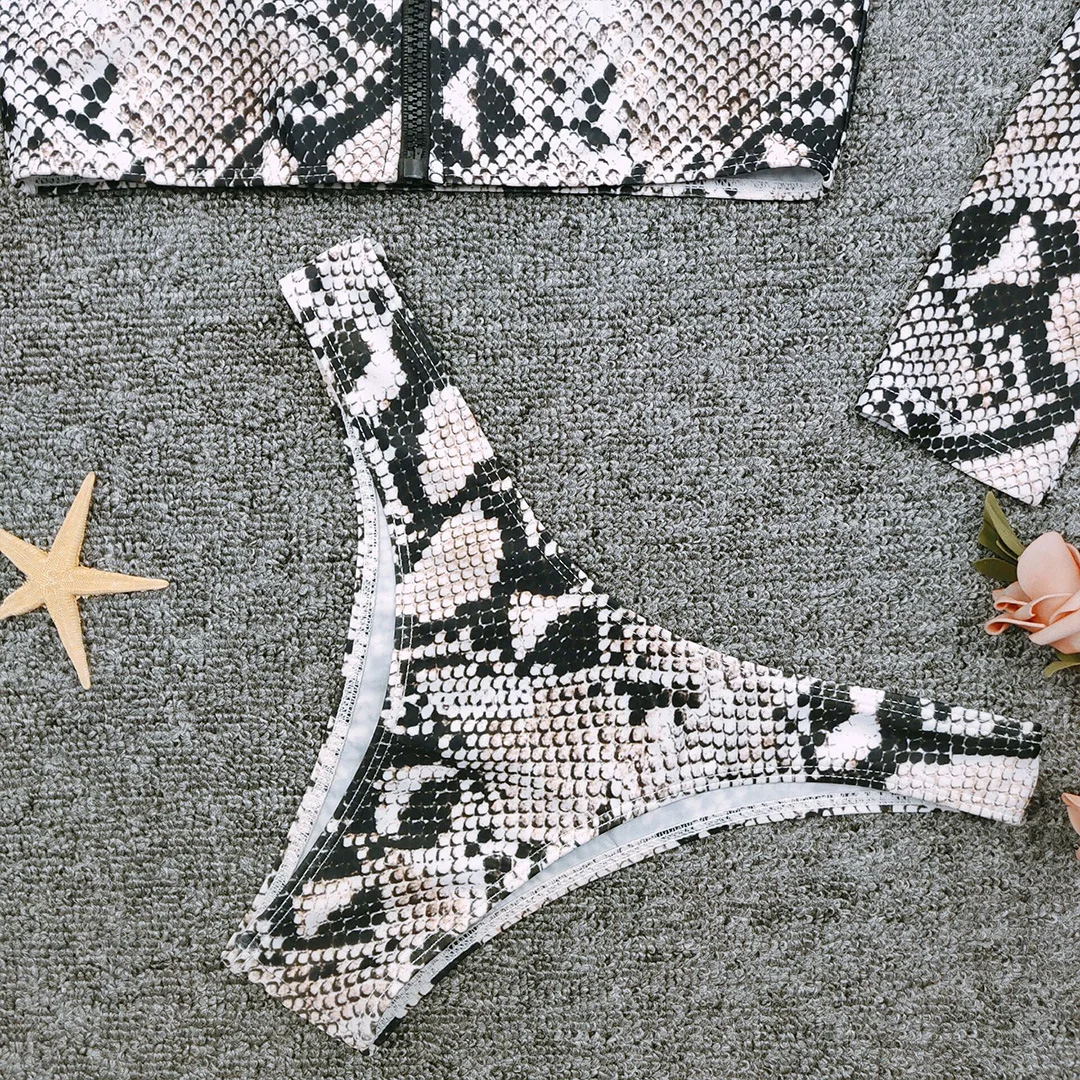 Змеиный принт бикини на молнии 2019 длинный рукав купальники для женщин Высокая