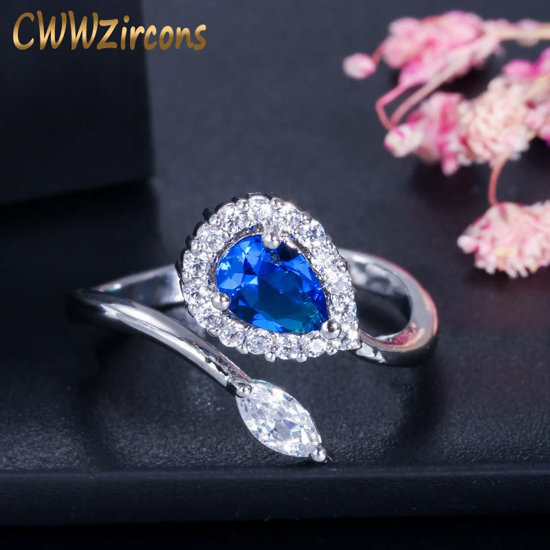 

CWWZircons Fashion Ladies Rings Jewelry Silver Color Dark Blue Crystal Women Opening Engagement Ring Adjustable Size R090