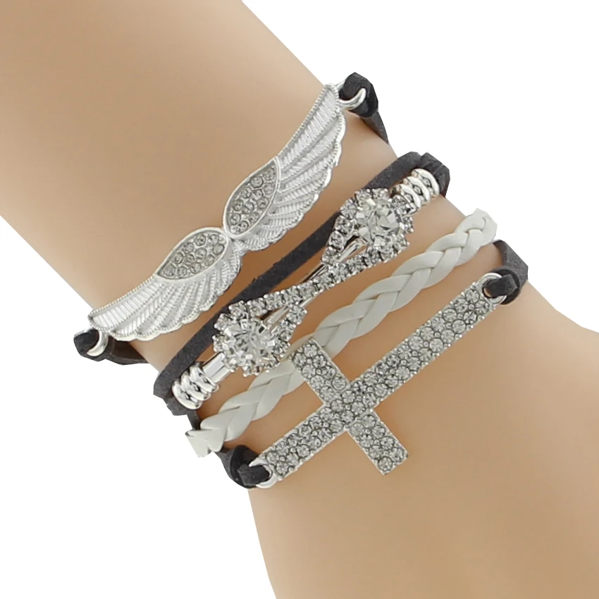 Хит! Женский Браслет манжета из искусственной кожи с крыльями ангела и