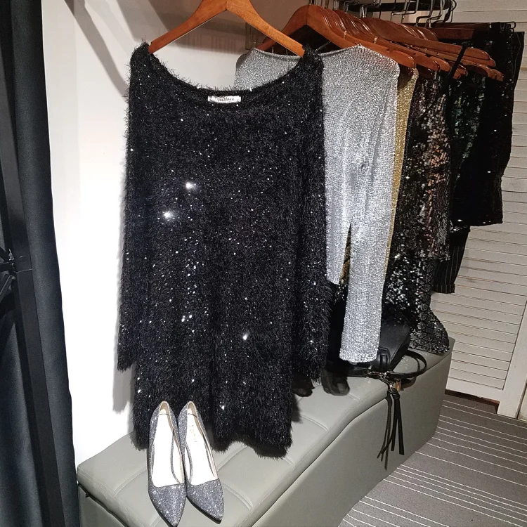 Cakucool блестками вязаное платье Для женщин с длинным рукавом Осень Vestidos украсить Повседневное прямой v-образный вырез Бисер короткий вязаный тянуть платья