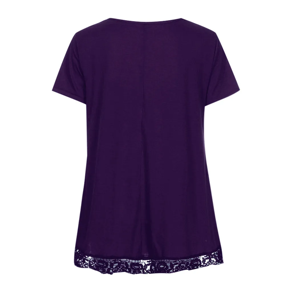 Purple Женские блузки Camisa Feminina, повседневные топы с круглым вырезом и коротким рукавом, свободные кружевные лоскутные топы, туника, блузка Blusas Mujer De блузка Moda - Цвет: Purple