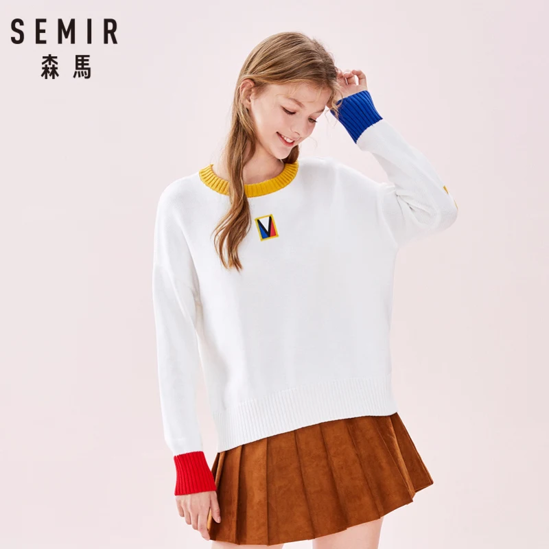 SEMIR женский контрастный тонкий вязаный свитер, хлопок, Женский пуловер, свитер с ребристой горловиной, манжетами и подолом на весну
