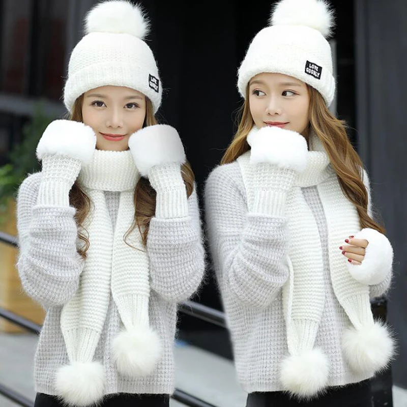 

Fashion Woman Winter Hat Scarf Gloves Sets Girls Warm Thick Hat & Glove Set Three - piece Solid Knit Hats Scarf Set For Feamle