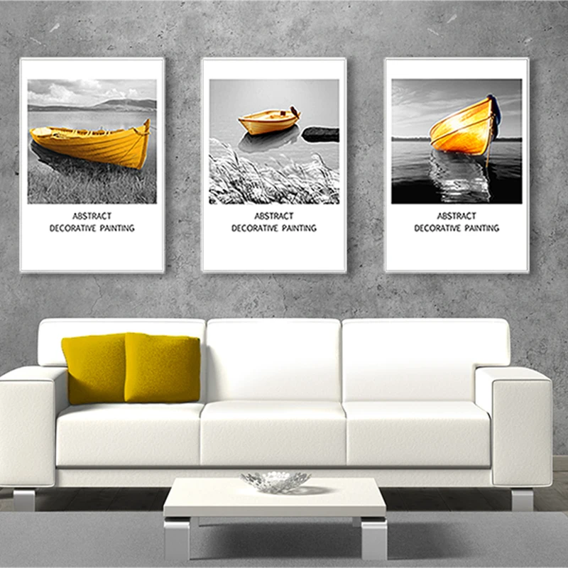 Abstract Yellow Boat Wall Art Canvas Painting Black White Sea Landscape Nordic Poster print Picture for Living Room Home Decor | Дом и сад