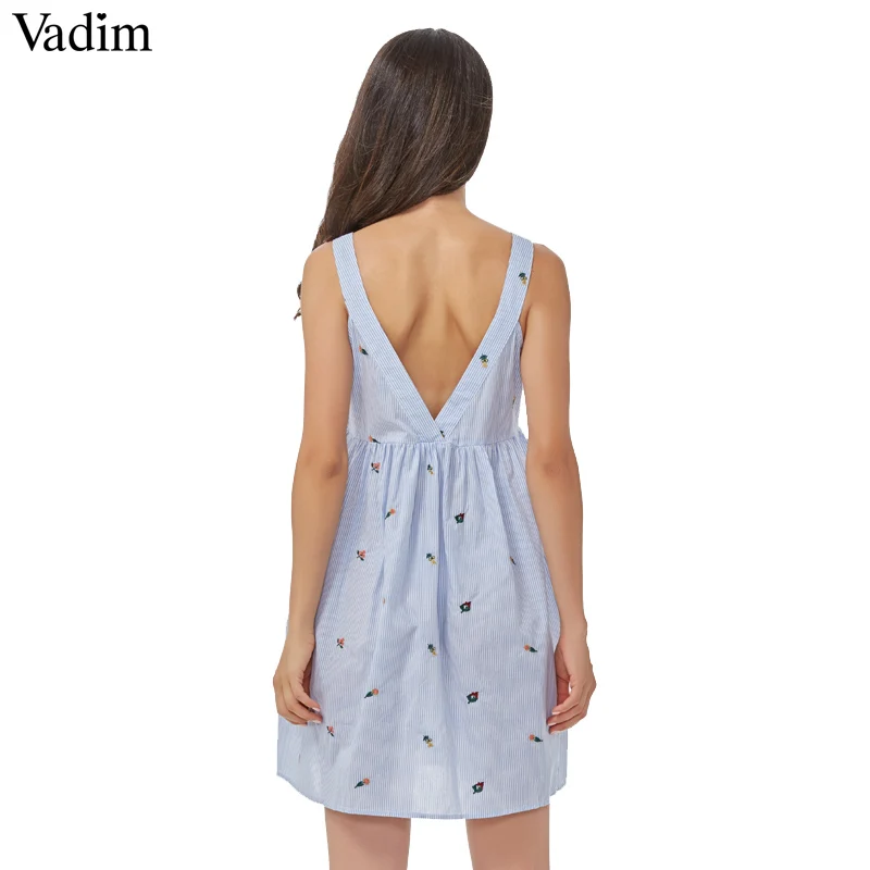 Платье Vadim женское сексуальное с треугольным вырезом вышитыми цветами в полоску