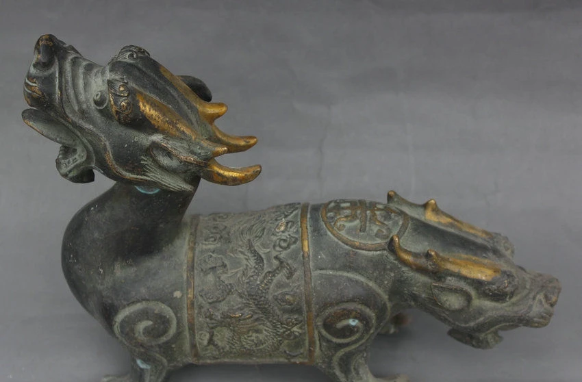 11 &quotстаринная китайская бронза Дракон два лица голова зверь Kylin Статуя