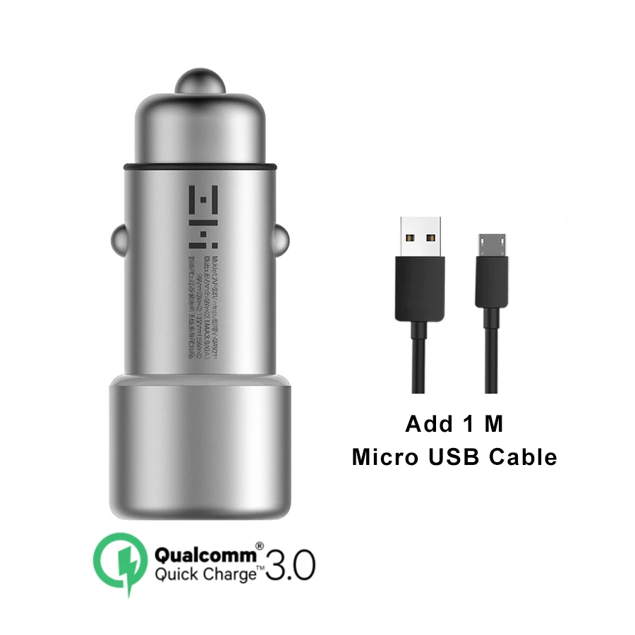Add Micro USB Cable Оригинальное автомобильное зарядное устройство Xiaomi ZMI QC 3,0 с двумя usb-портами, быстрая зарядка 5 В/А, 9 В/2 А, 12 В/А, металл, для iPhone, iPad, samsung, LG - Тип штекера: Add Micro USB Cable
