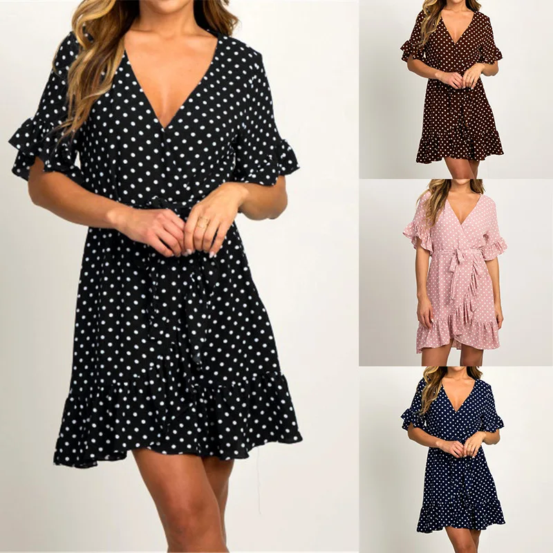 Женское сексуальное платье с v образным вырезом и оборками лето 2019 коротким