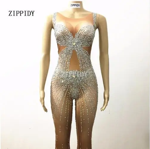 Fashion Crystals Rompers Women's sexy  Party Costume Stage Wear Bodysuit Women Singer Rhinestones Nude Color Outfit