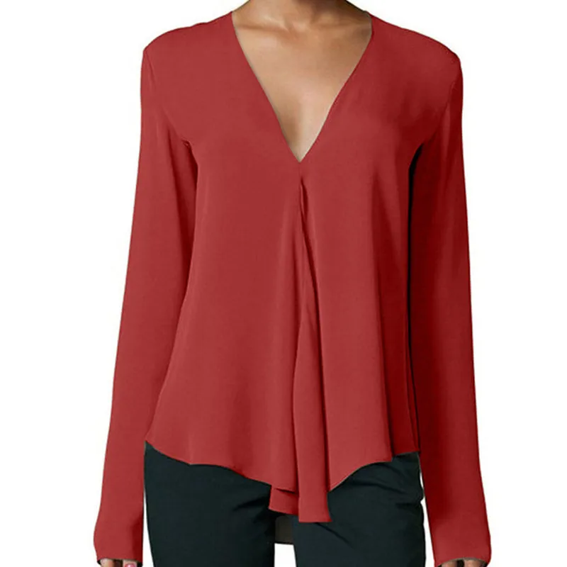 Plus Size S-6XL Casual V-neck Women Chiffon Top and Blouses Solid Color Long Sleeve Female Shirt |