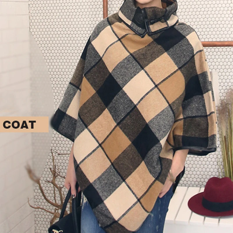 Осенний и зимний женский свитер с высоким воротом клетчатый плащ накидка