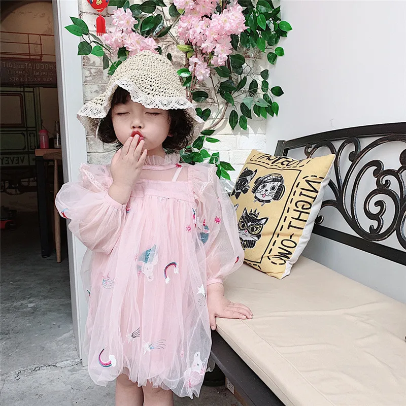 Шифоновые платья с вышивкой в виде единорога для маленьких девочек детское