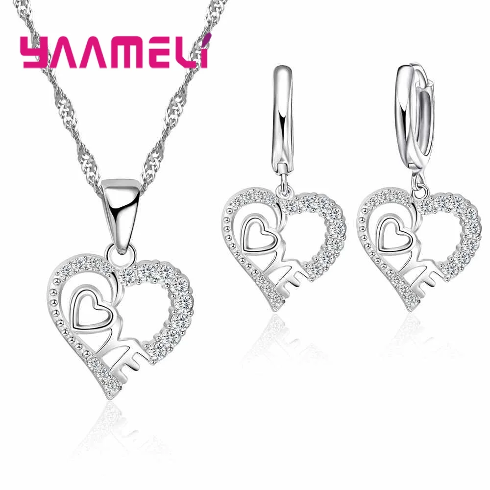 

New Arrival Sweet Heart With Love 925 Sterling Silver Women Engagemnt Party Jewelry Birthday Gift Necklace Earrings Sets