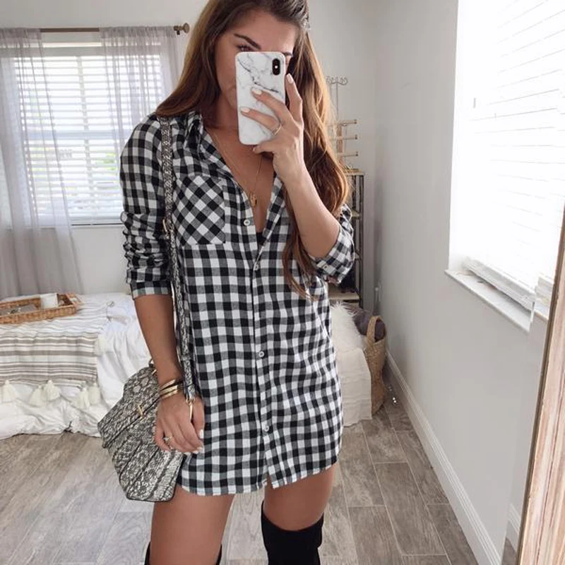 Женское Короткое платье Fanbety клетчатое с длинным рукавом и принтом Сексуальная