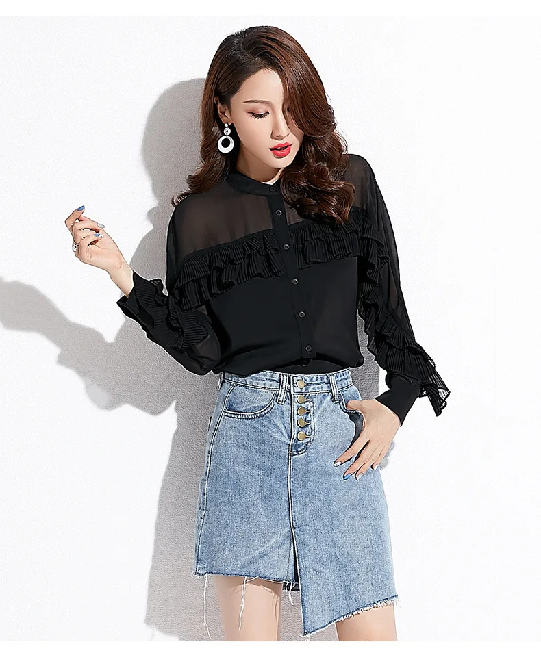 INNASOFAN OL Women's shirt Spring-summer chiffon blouse Euro-American fashionable chic long-sleeved shirt and shuttlecocks