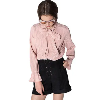 

Womens Chiffon Bow Pleated Single-breasted Blouse Shirts Casual Flare Sleeve Overalls Tops Tees for wholesale