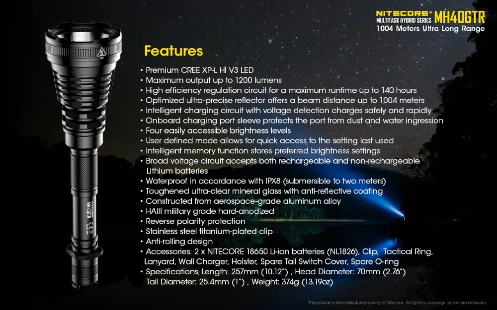 NITECORE MH40GTR CREE XP-L HI V3 светодиодный 1200 люмен 1004 м охотничий поисковый фонарь, тактический перезаряжаемый фонарь с аккумулятором 18650