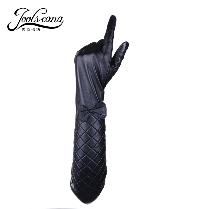 Длинные женские кожаные перчатки JOOLSCANA зимние итальянские натуральные с бантом и