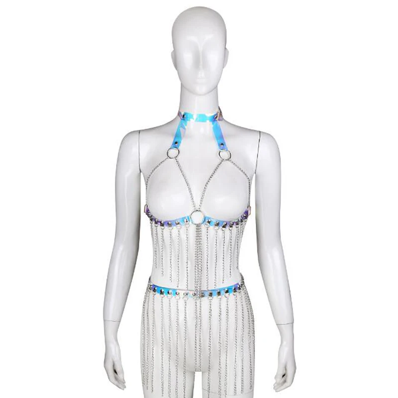 

Hot sell Punk Goth Sexy color pvc Leather Harness belts Collar metal tassel Choker Bra Frame Body Bondage Cage Belt Straps Rivet