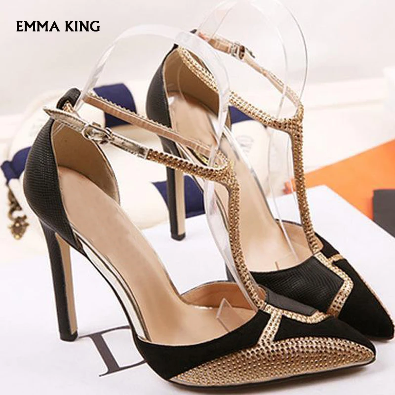 Женские туфли лодочки с острым носком на шпильке ремешком щиколотке Цвет черный