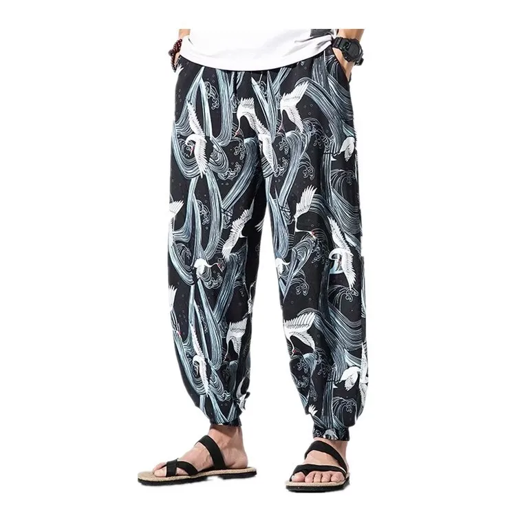 Свободные Харадзюку японский стиль кран волна печатных широкие брюки мужские
