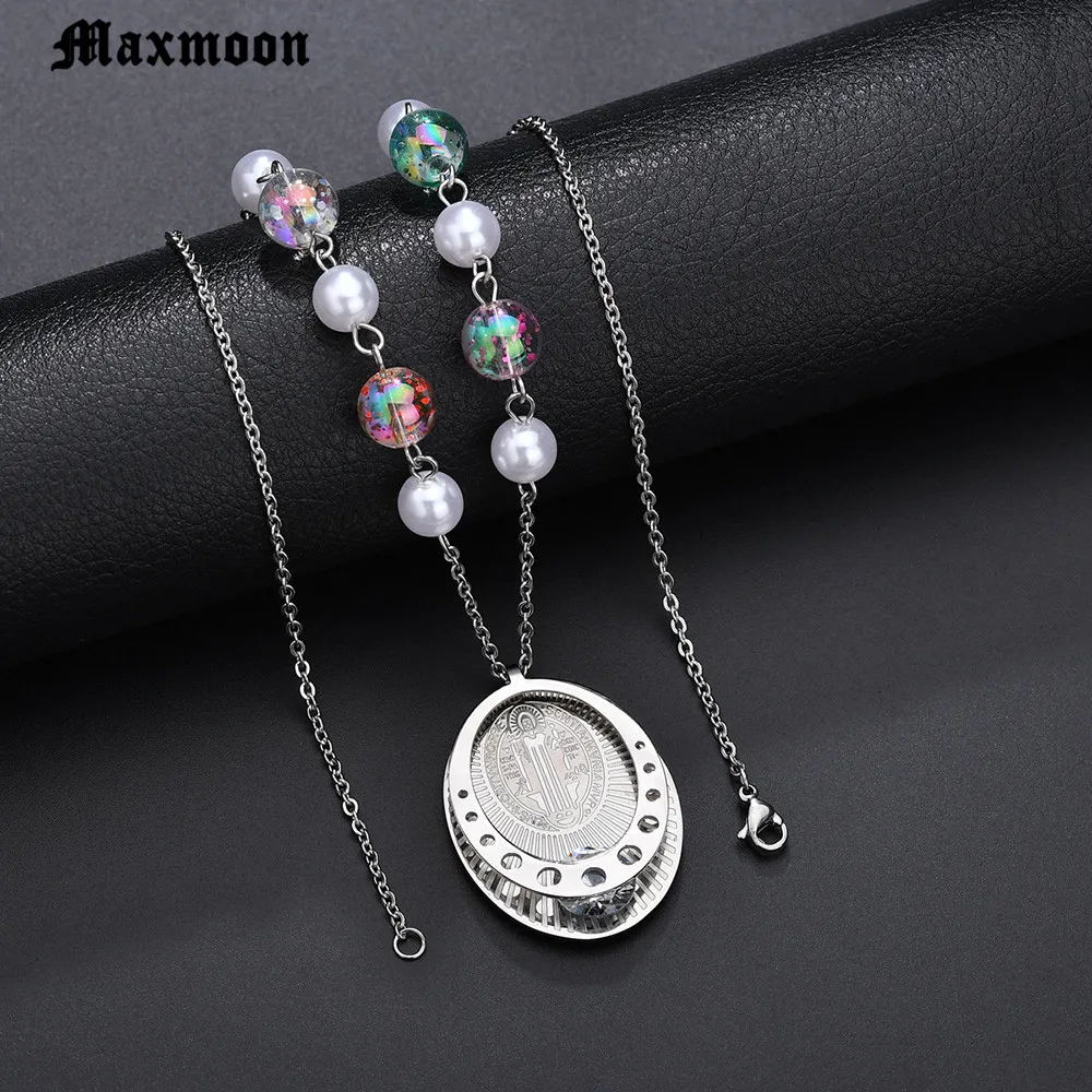 Maxmoon 3D Round Saint Benedict Stainless Steel Medal Antique Silver Color Gold Cross Pendant Necklaces Women Girl Gift | Украшения и