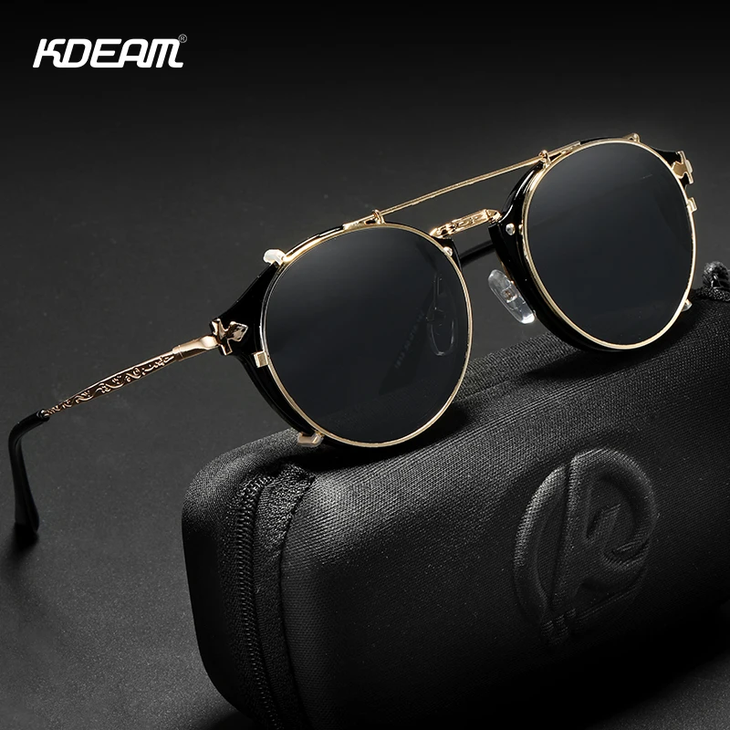 

KDEAM Retro Steampunk Round Clip On Sunglasses Men Women Double Layer Removable Lens Baroque Carved Legs Glasses UV400 With Box