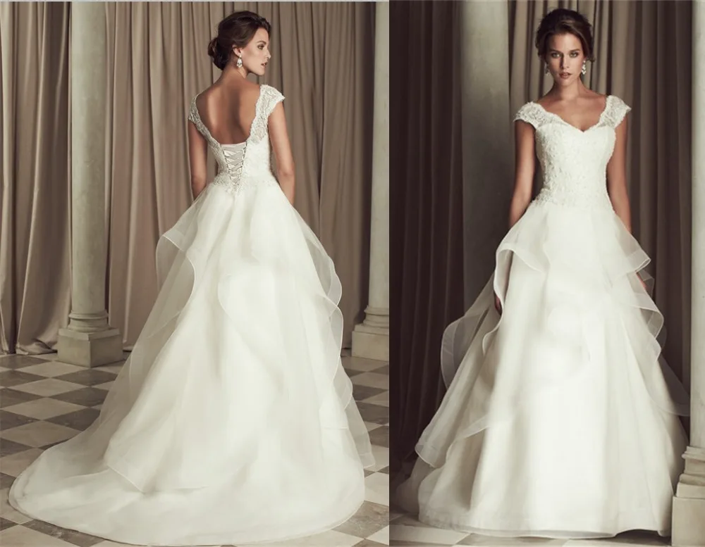 Халат Де Mariage Новый Cap Рукава Line Органзы Vestidos De Noiva Милая Часовня Поезд Аппликации
