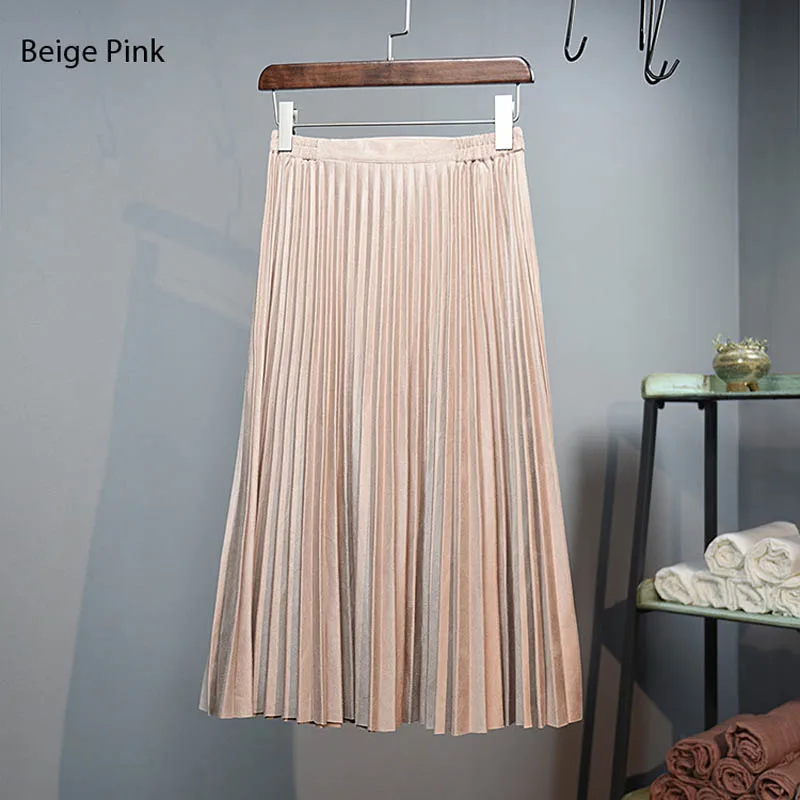 Beige pink Женская элегантная миди-юбка с высокой талией Женские винтажные плиссированные юбки с эластичной талией из полиэстера и замши 8 цветов SK55 - Цвет: Beige pink