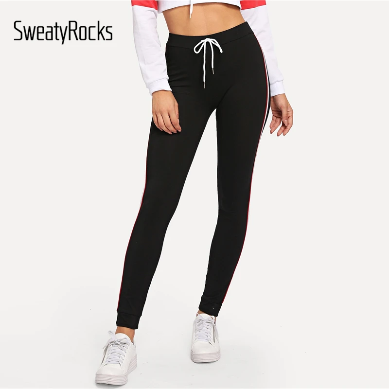 SweatyRocks, черные леггинсы для фитнеса, в полоску, с завязками по бокам, новинка, повседневные, для тренировок, осенние женские обтягивающие штаны и штаны