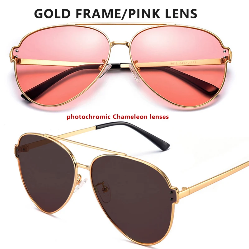 Gold-pink Брендовые авиационные голубые розовые фотохромные солнцезащитные очки для вождения, мужские и женские поляризованные солнцезащитные очки-хамелеоны, мужские солнцезащитные очки oculos de sol masculino - Цвет линз: Gold-pink