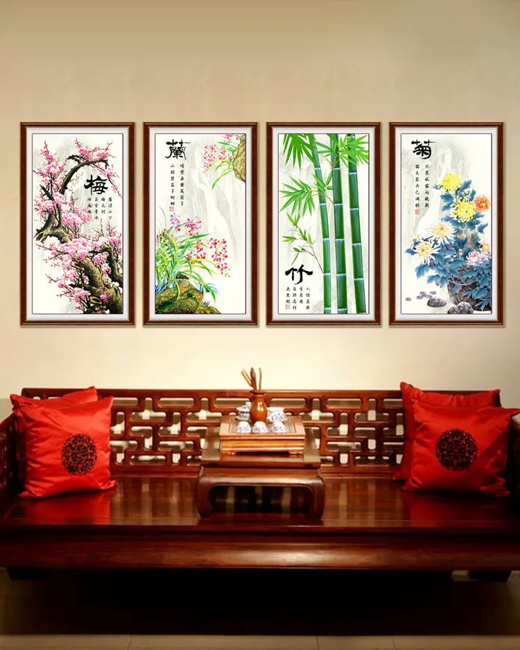 QIANZEHUI, DIY Рукоделие 80*43 3D Вышивка крестом наборы набор, Плюм, Орхидея, бамбук и хризантема остро, украшения дома