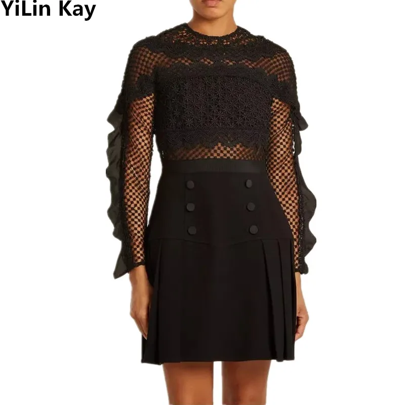 Женское короткое платье черное кружевное весна-осень 2019 | Женская одежда