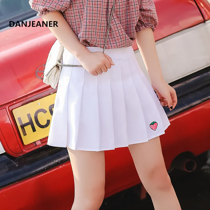 

Danjeaner 2019 High Waist Pleated Skirt Anime Cosplay School Uniform Strawberry Embroidered Pleated Skirt for Girl Jupe Femme