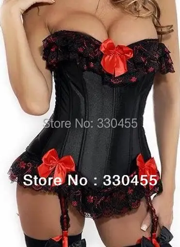 Горячая сексуальная Корсетная женский черный костяной корсет с красным бантом +