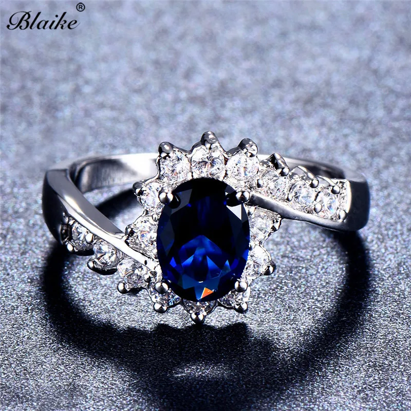 Женские кольца с синим кристаллом Blaike овальные цирконием серебристый цвет