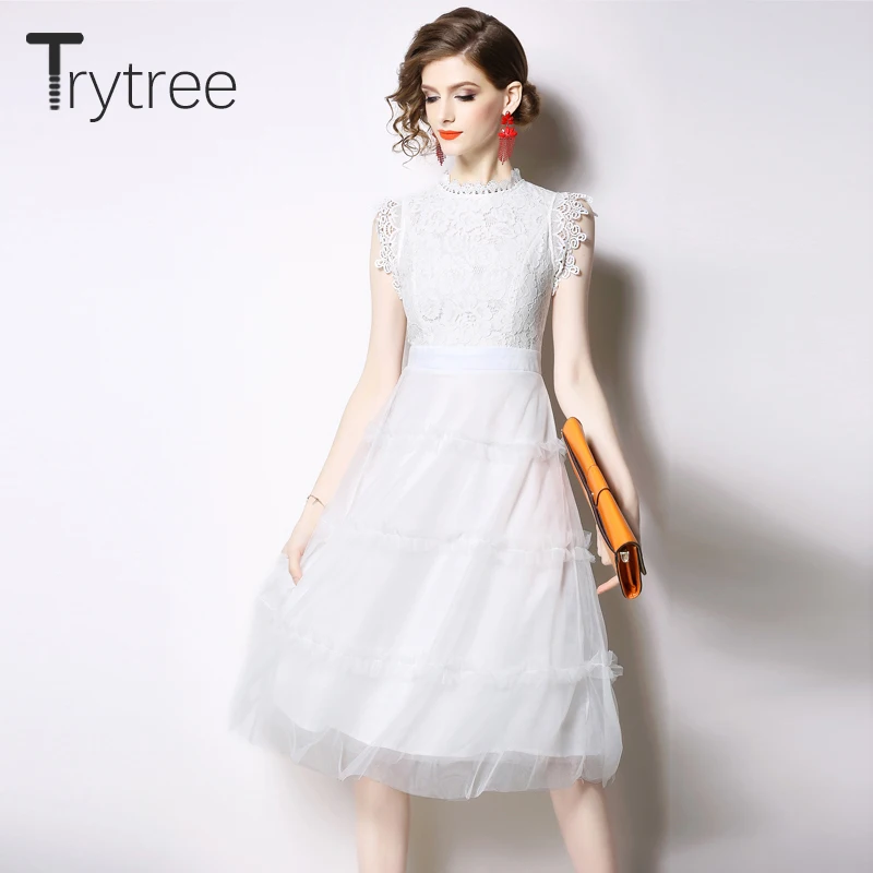 Trytree летнее осеннее платье женское повседневное кружевное с круглым вырезом без