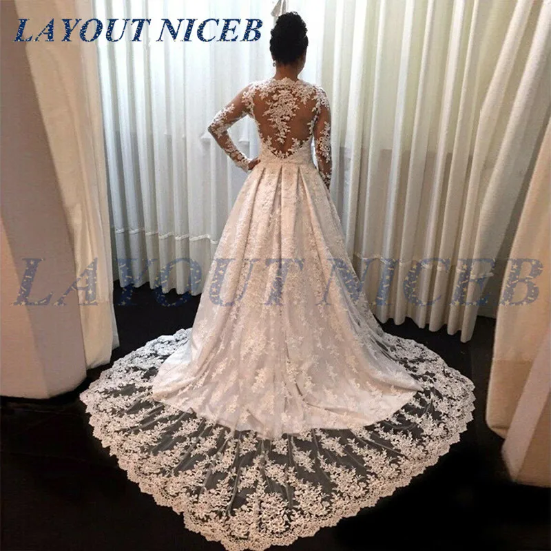 

Elegant Lace Wedding Dresses A-Line Long Sleeves 2019 Bridal Gown Beads Appliques Wedding Gown Tulle Sweep Train Bride Dress