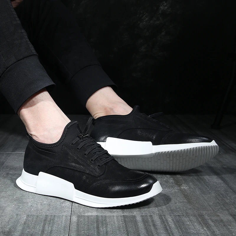 Мужские кроссовки со шнуровкой черные повседневные из воловьей кожи обувь для