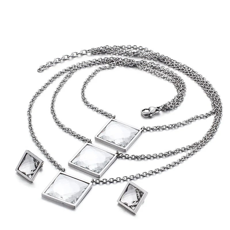 Silver White Модная женская простая серебряная Золотая нержавеющая сталь квадратное стекло синий черный белый красный кристалл джокер ожерелье серьги Ювелирные наборы - Окраска металла: Silver White