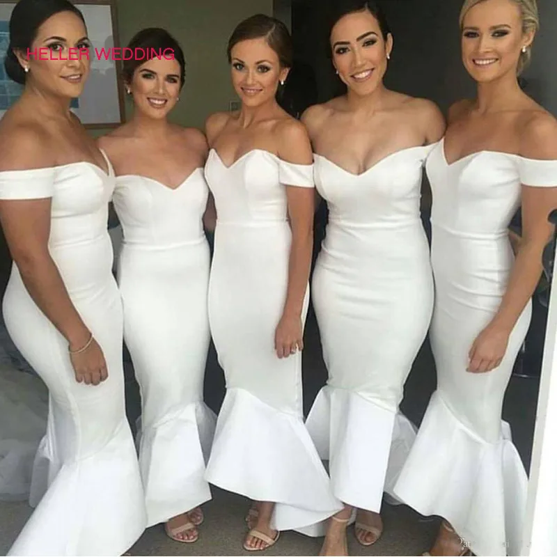 Платья подружки невесты с юбкой годе белые атласные платья открытыми плечами для