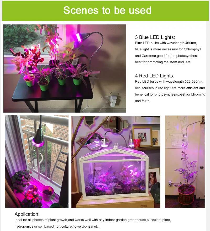 HOTOOK Светодиодные лампы для выращивания растений DIY 7W с гибким кронштейном и зажимом для стола для комнатных растений и цветов.