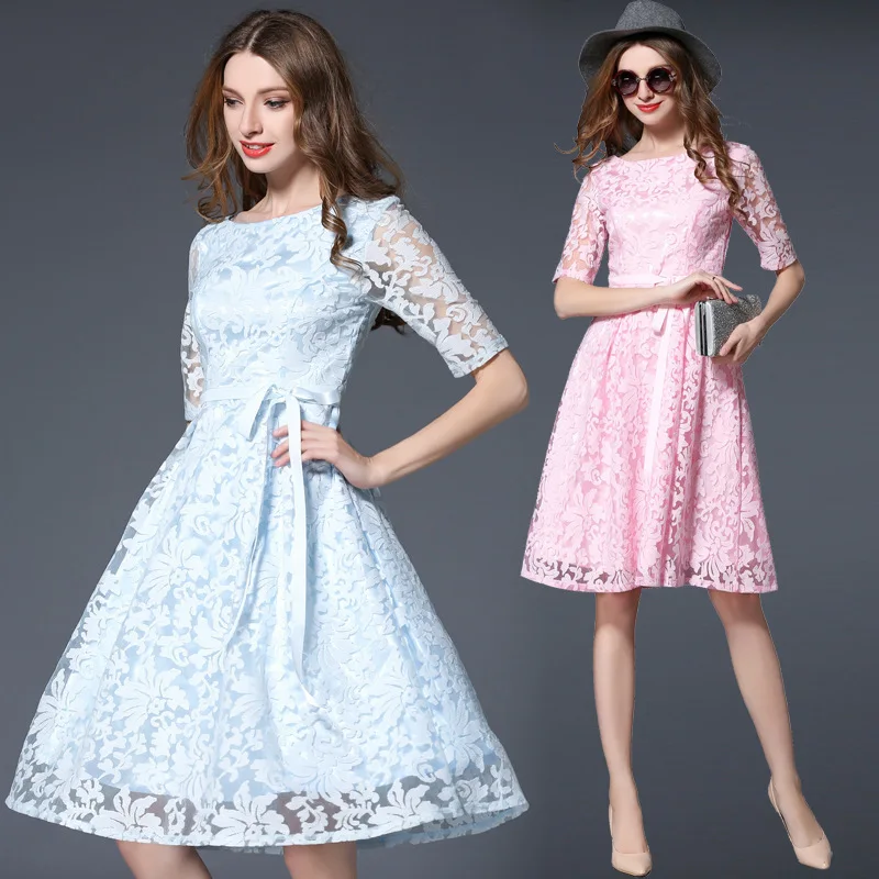 

2017 SoftFox Brand Women Cute Lace Dress Summer Sexy Hollow Out Style Plus Size Lace Dress Solid O-Neck Free Shipping