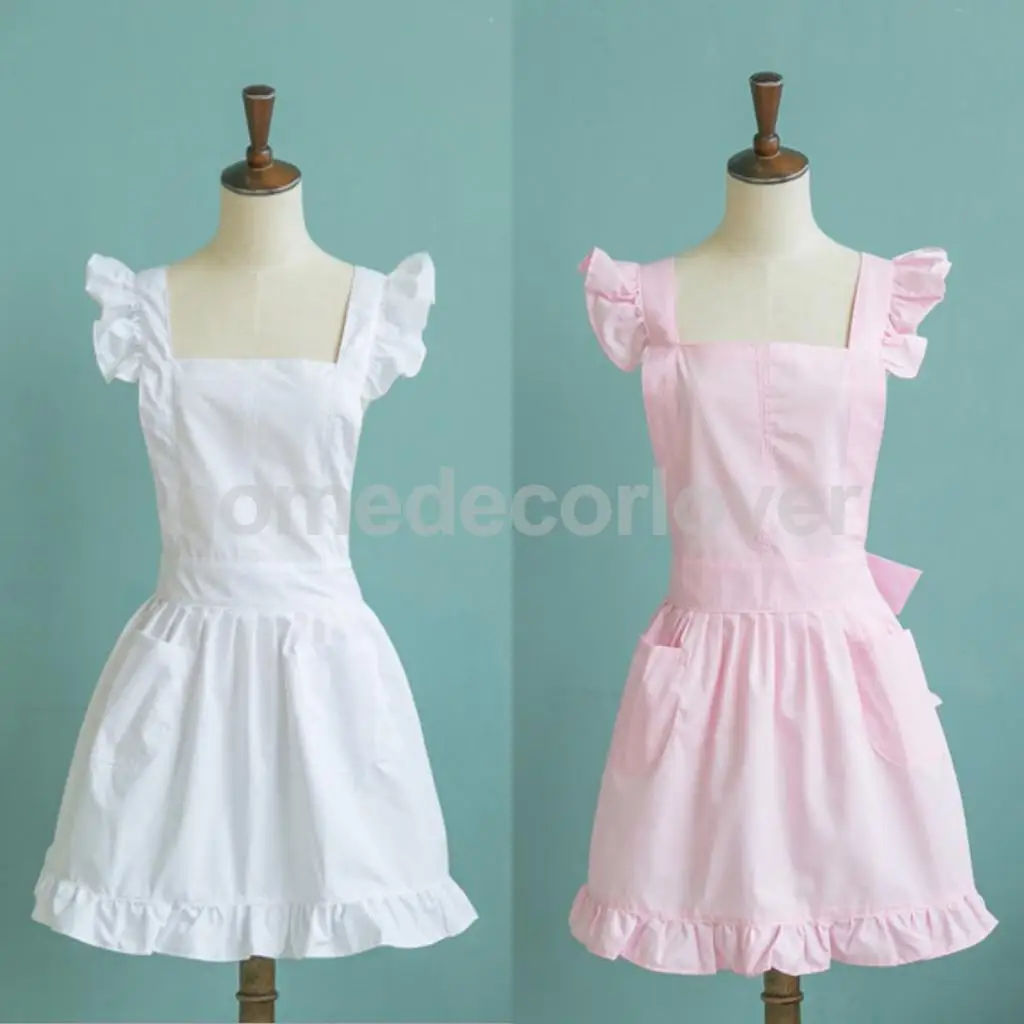 

Victorian Pinafore Apron Maid Lace Smock Costume Ruffle Pockets White/Pink