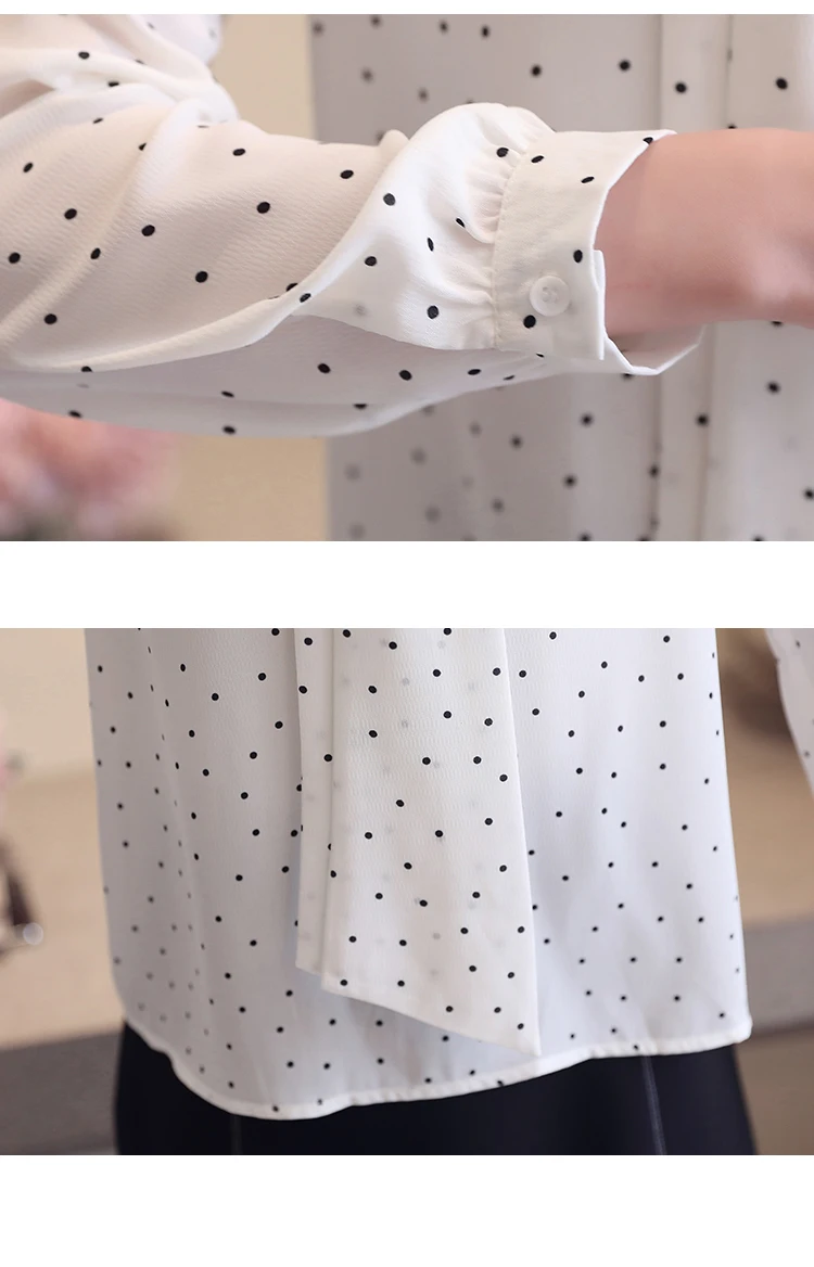 Модная белая блузка женская шифоновая волнистая в горошек рубашка с бантом