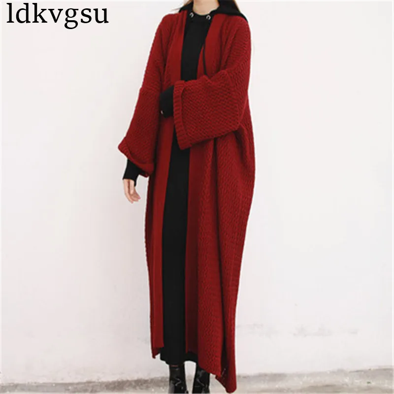 red wine Модный длинный кардиган с рукавом летучая мышь, Тренч для женщин, Свободный вязаный свитер большого размера, весна-осень, одежда V37 - Цвет: red wine