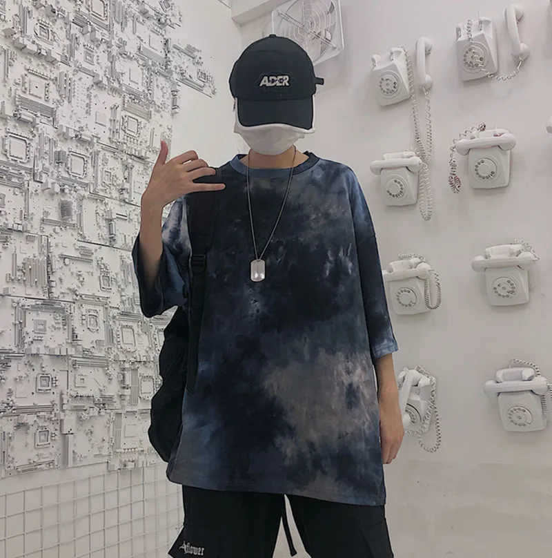 Футболка с принтом «пейсли» и надписью «Tie Dye»; Футболка с контрастным принтом; футболка в стиле Харадзюку; уличная одежда в Корейском стиле для мужчин и женщин; в стиле панк; в стиле хип-хоп